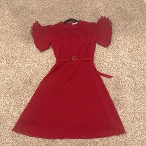 Peppermint red dress with puff sleeves floral detail on sleeves